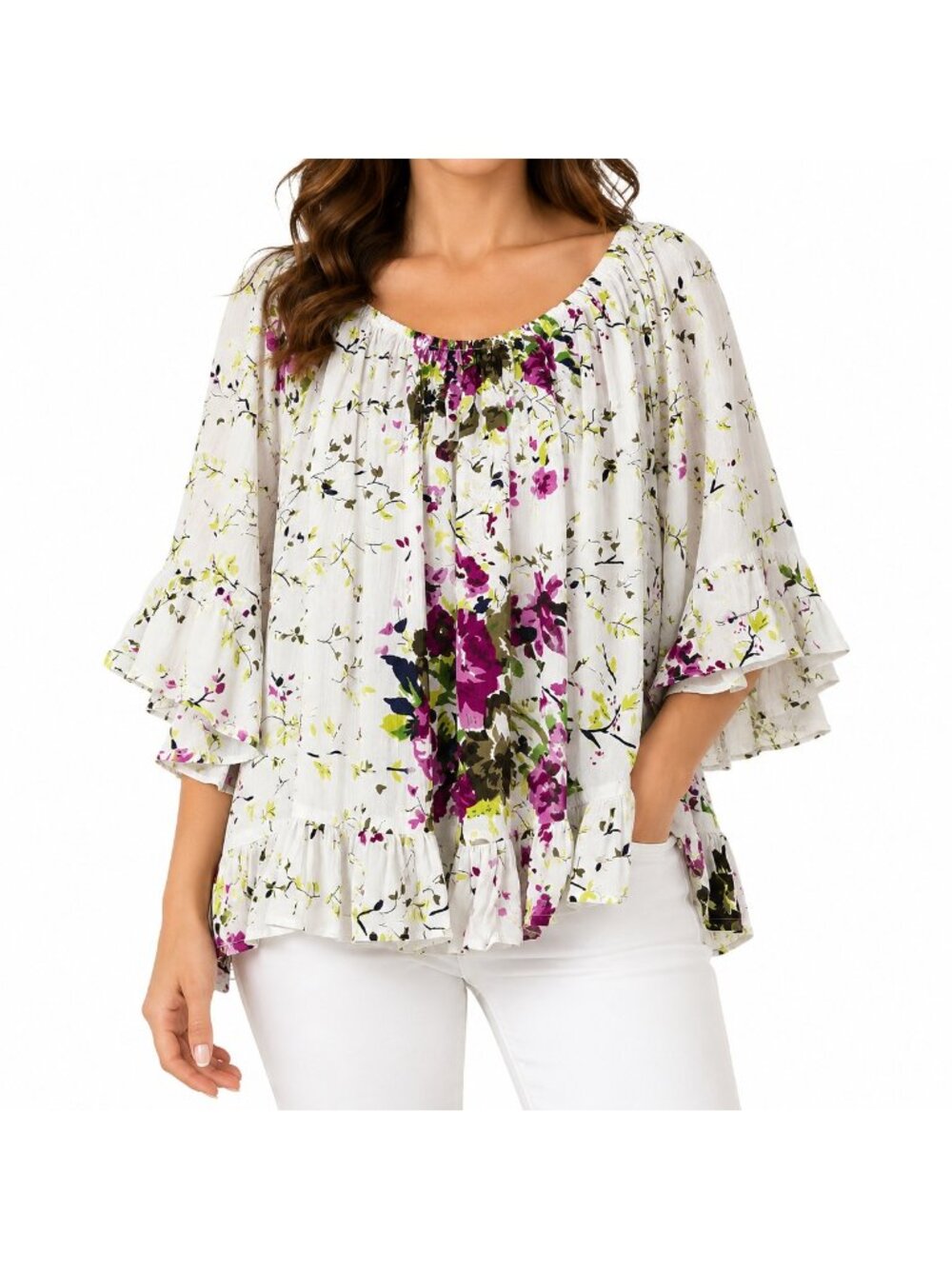 NEW Orange Fashion Village White Floral Ruffle Top - One Size